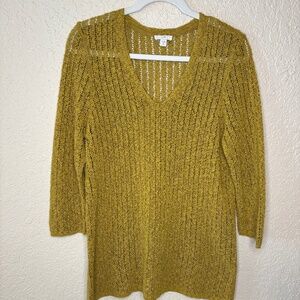J. Jill Mustard Open Stitch Knit V-Neck Cotton Pull Over Sweater Women's Size M